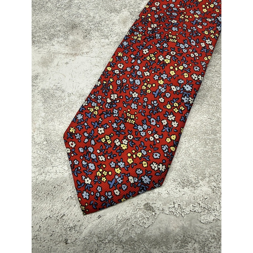 Lands' End Silk Tie Mens Long Red Floral Pointed Made In USA Necktie